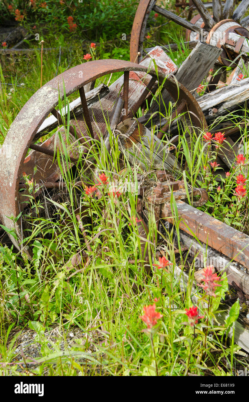 Vieilles machines rouillées de l'équipement agricole roue pour wagon historique de la vieille ville de la ruée vers l'Barkerville, l'intérieur de la Colombie-Britannique, BC, Canada. Banque D'Images