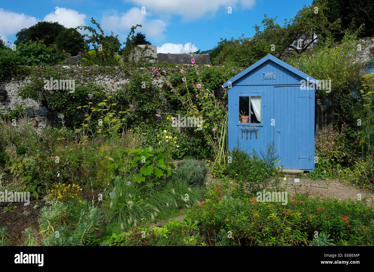 Peint bleu remise dans jardin clos, saint valery sur somme, france Banque D'Images