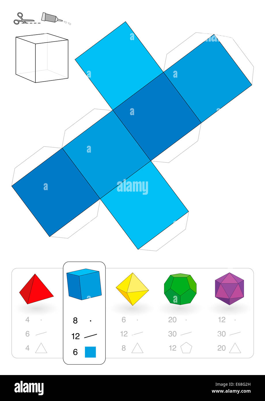 Modèle de papier ou d'un cube, l'hexaèdre l'un des cinq solides de Platon, de faire un travail d'artisanat à trois dimensions de la charpente Banque D'Images