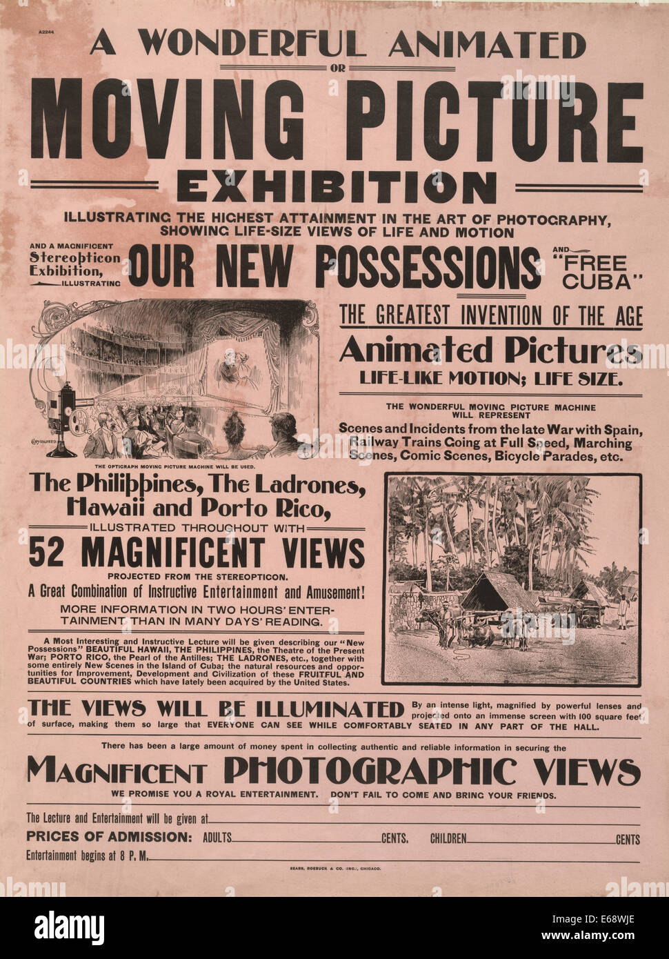 Une magnifique exposition de films animés ... nos nouveaux biens... Les Philippines, l'Hawaii, Ladrones et Porto Rico, illustré ... Publicité, vers 1900 Banque D'Images