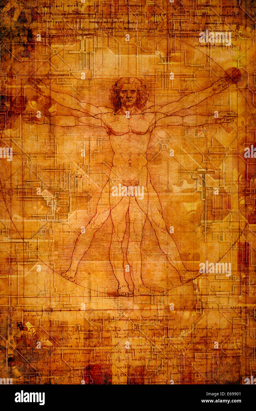 Homme de Vitruve avec trame surimpression Banque D'Images