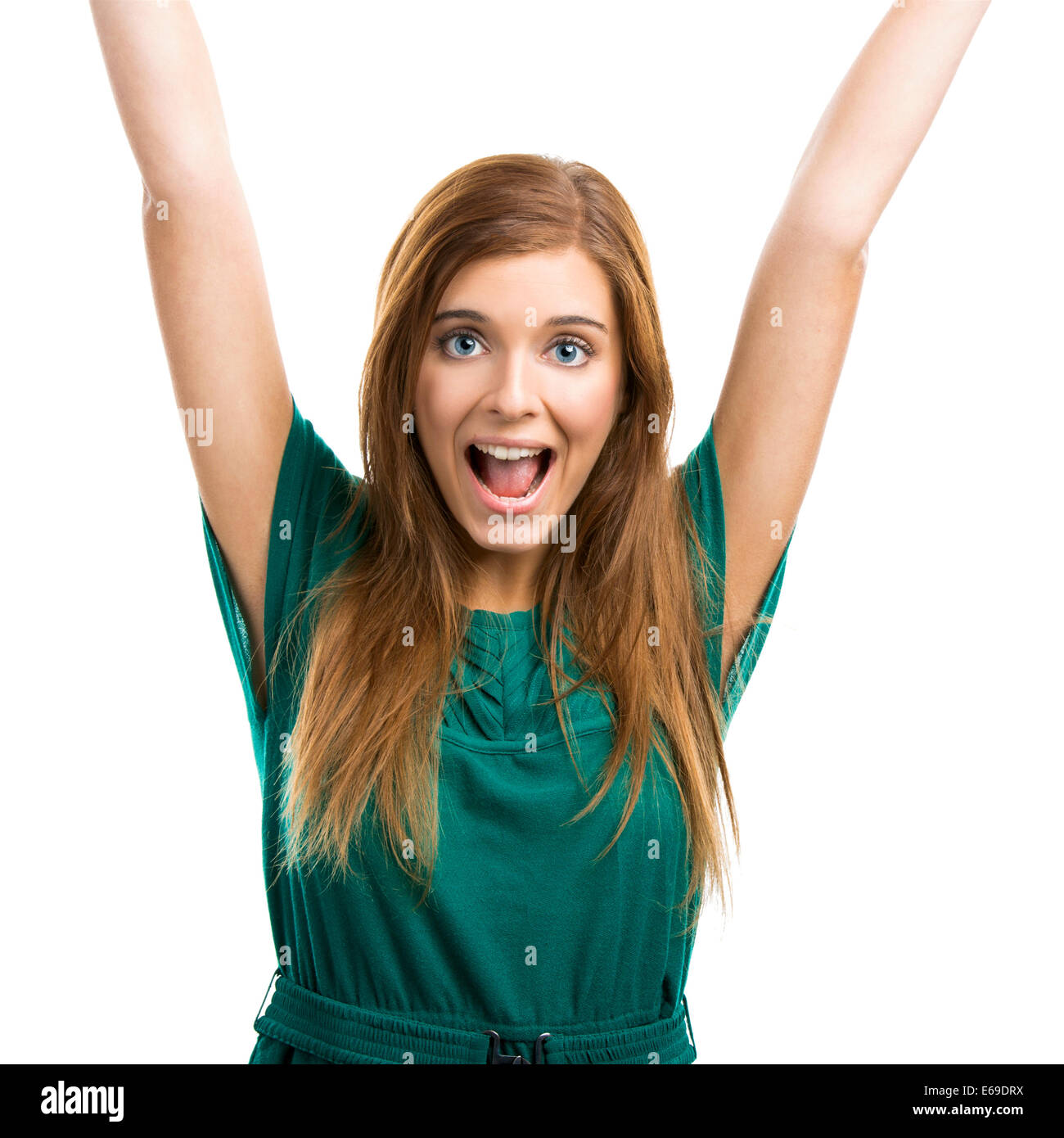 Portrait of a happy young woman with arms up Banque D'Images