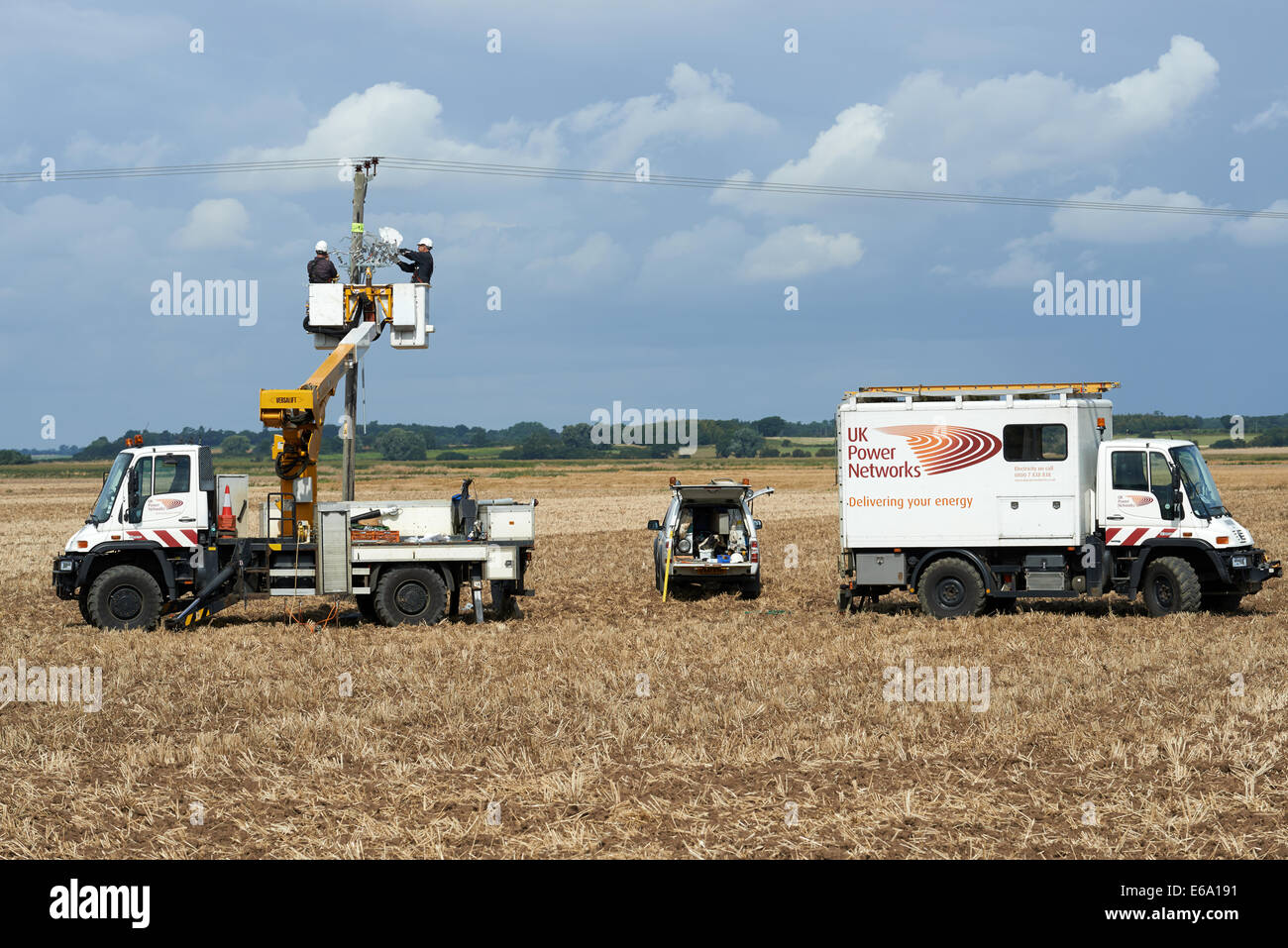 Royaume-uni les réseaux de pouvoir réaliser des travaux de maintenance sur les lignes d'électricité rurale, Ferry Bawdsey, Suffolk, UK. Banque D'Images