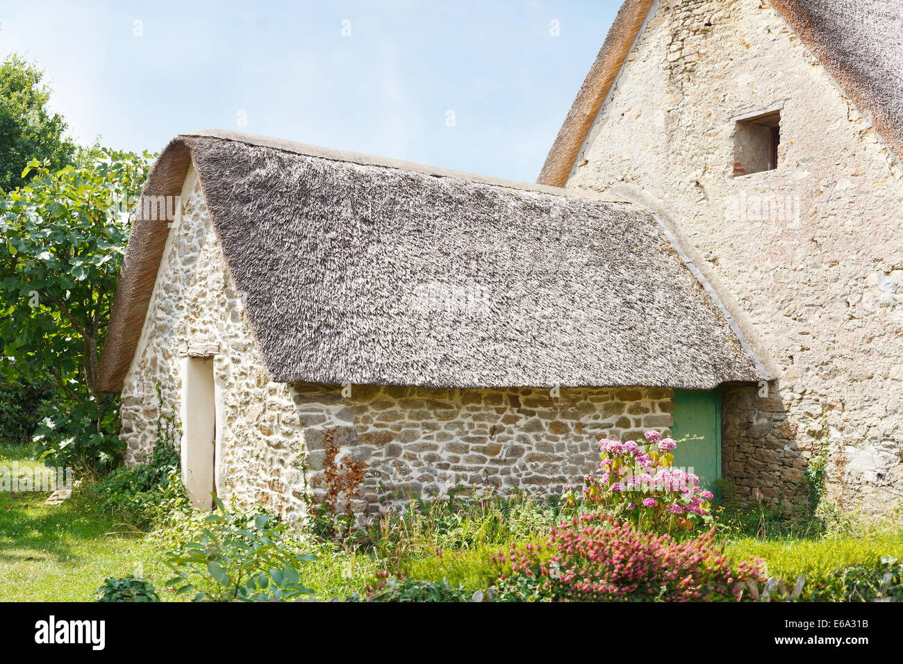 Vieille maison de campagne dans village breton de Breca, dans le Parc Naturel Régional de Brière, France Banque D'Images