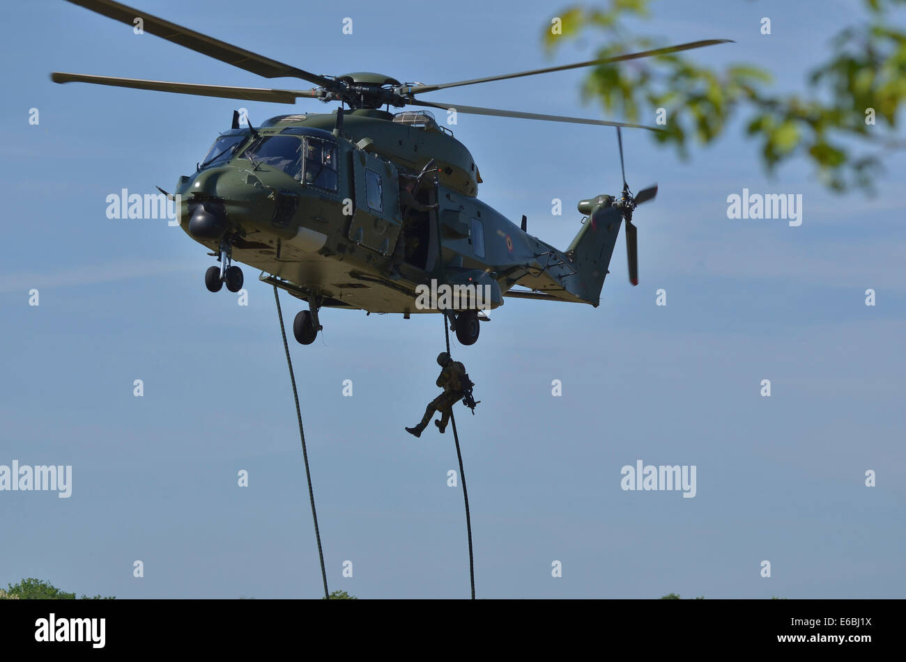 Un éclaireur de l'armée belge d'un cordage rapide de l'hélicoptère NH90. Banque D'Images