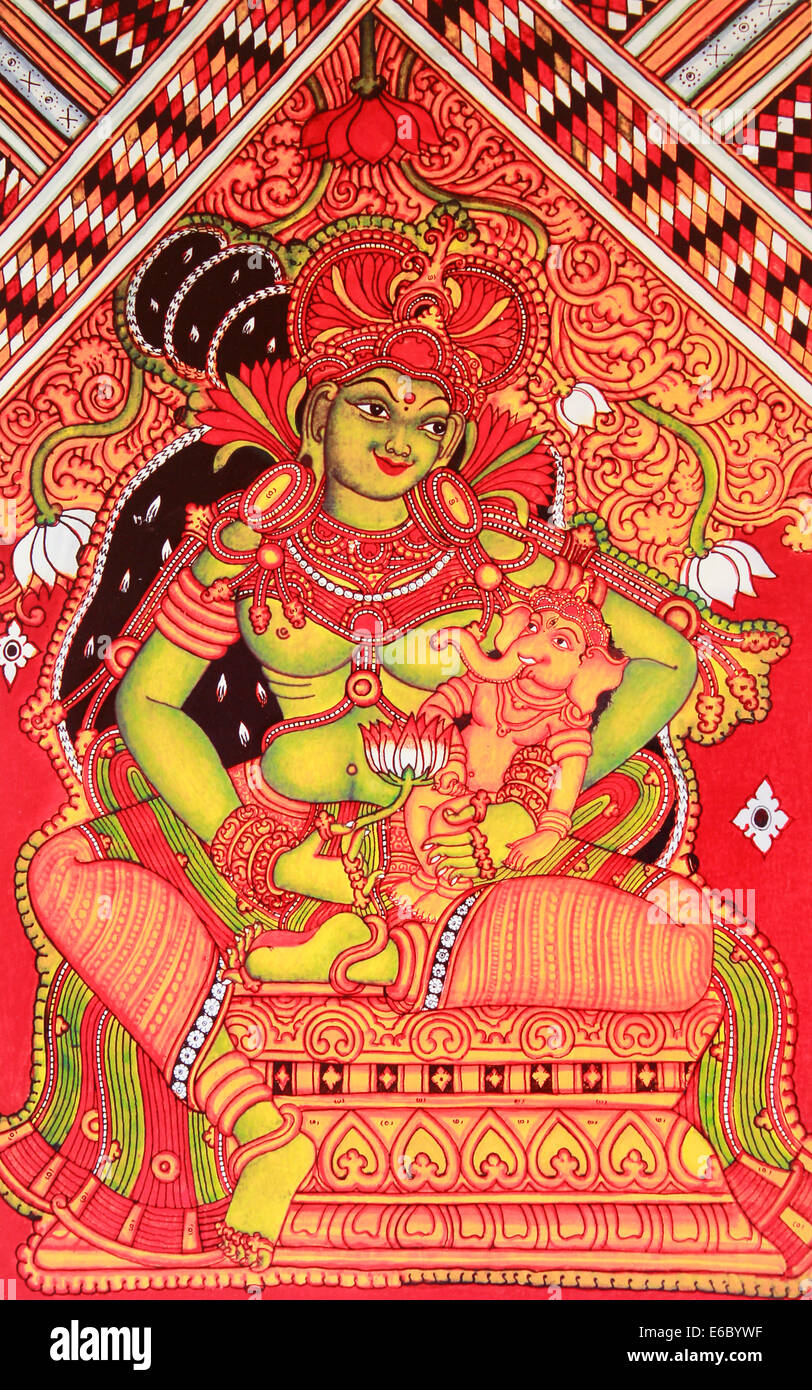 Peinture murale d'origine hindoue déesse Parvati avec son fils ganesha Banque D'Images