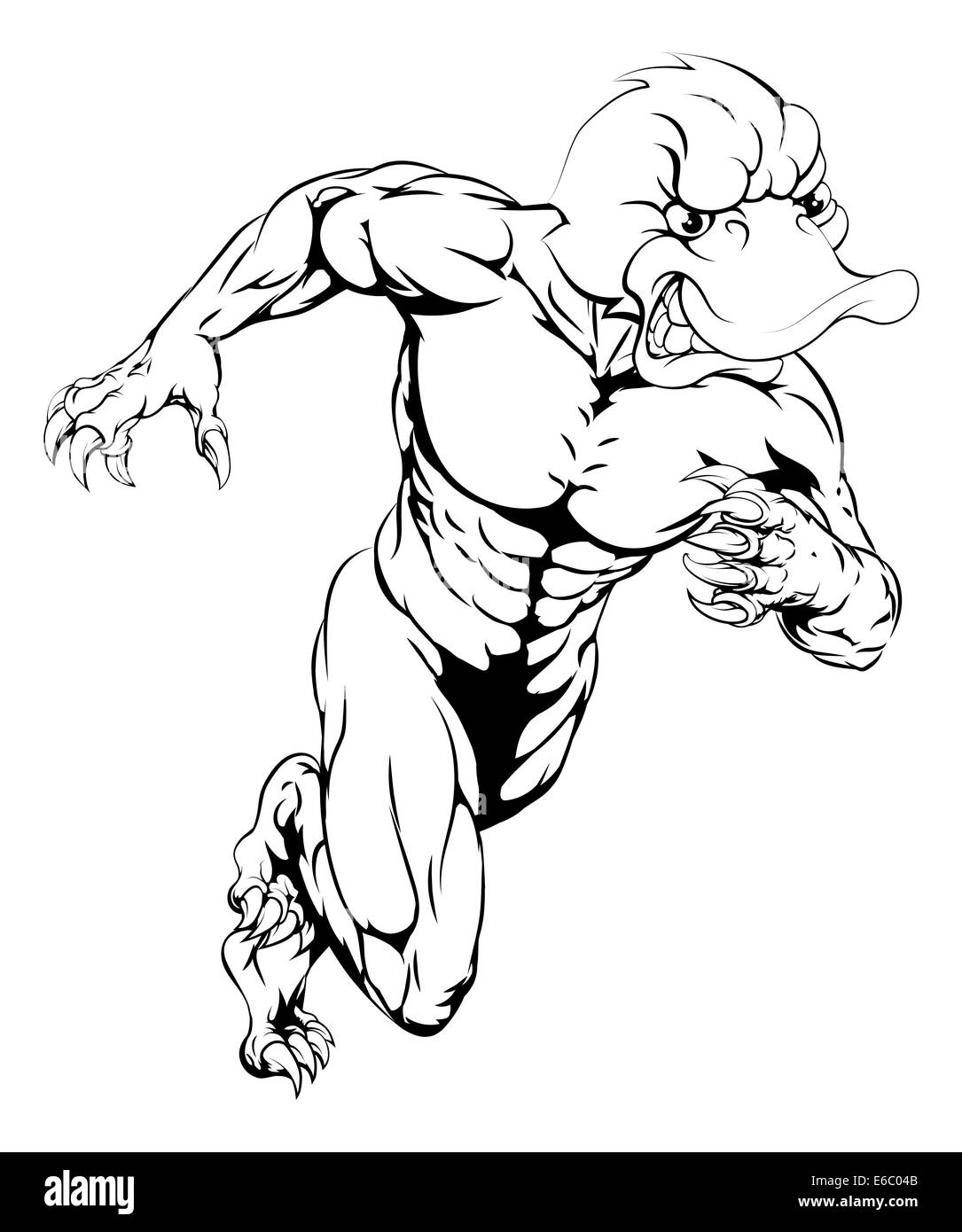 Un personnage mascotte canard musculaire charge sports Banque D'Images