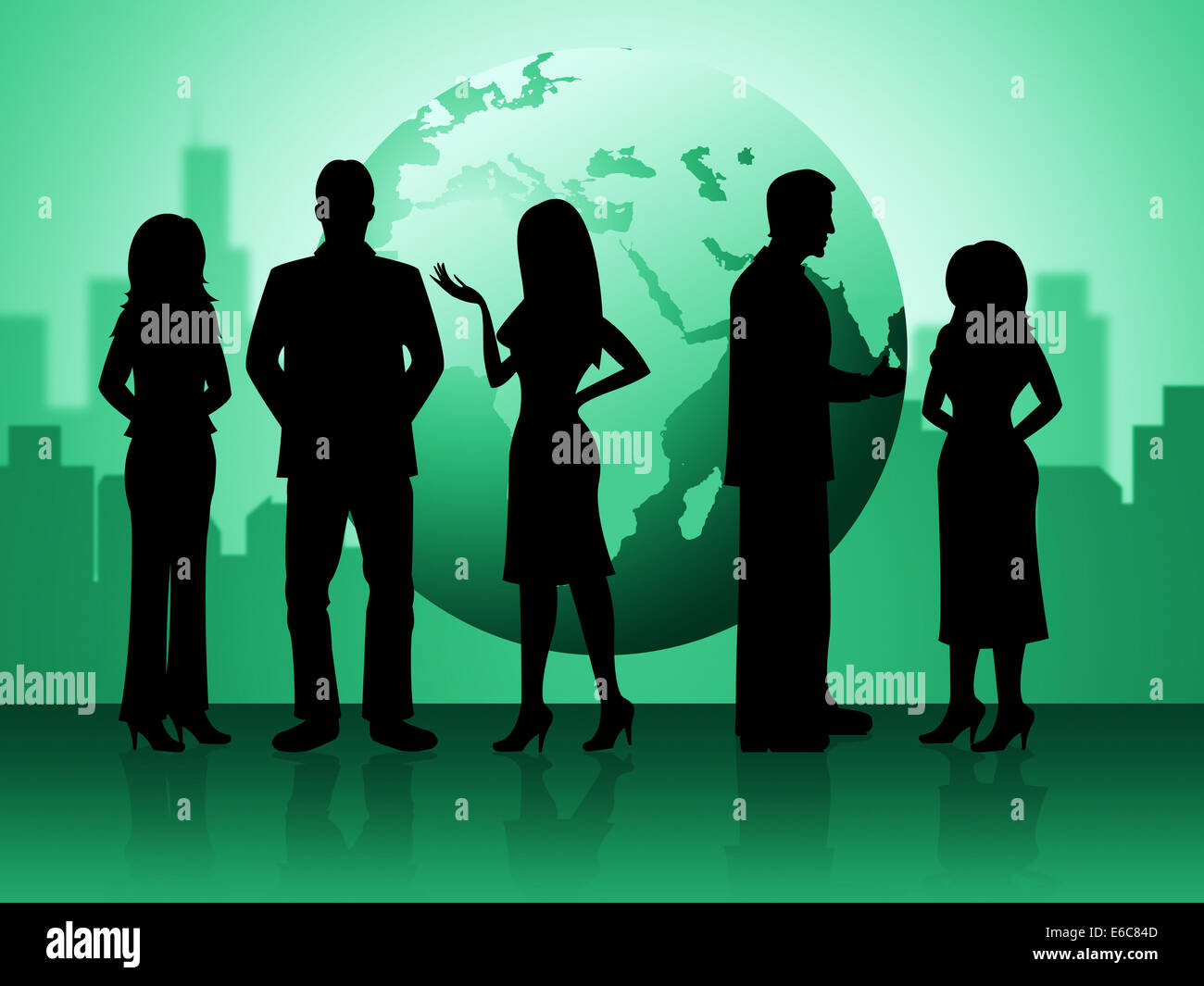 Les gens d'affaires indiquant Globe mondialiser et Businesswoman Banque D'Images