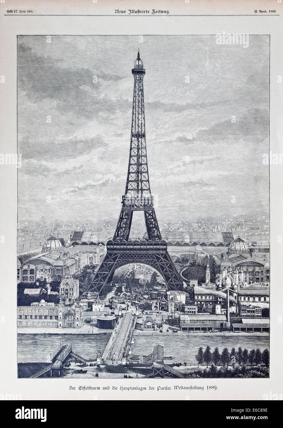 Reprographie très détaillée d'un vintage engraved illustration de la Tour Eiffel créé 1889 Banque D'Images