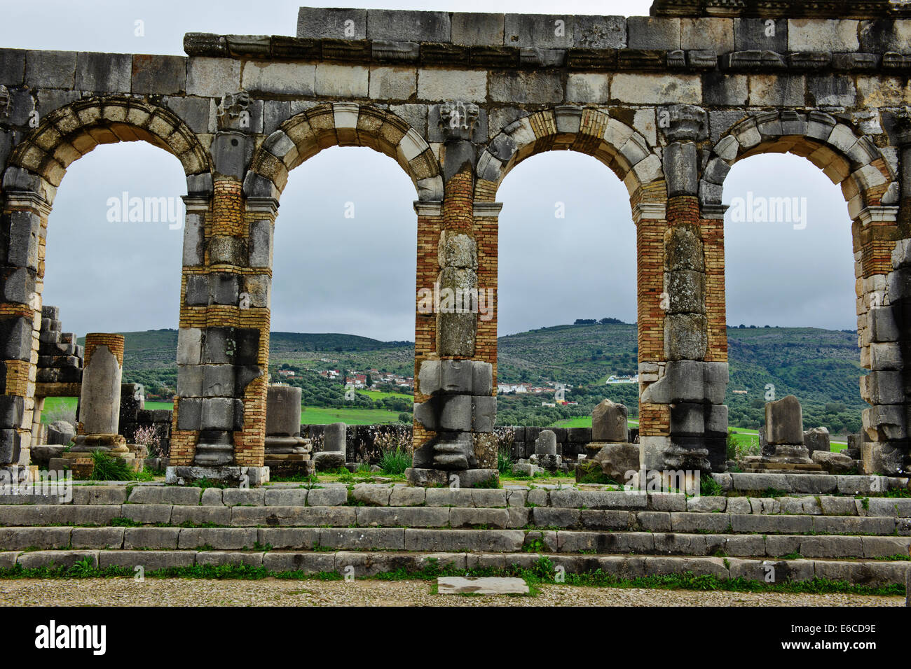 Volubilis, ville romaine de fouilles au Maroc,vallée fertile,olives