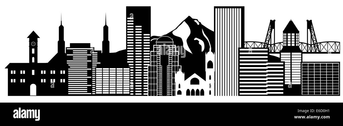 Portland Oregon Contours Silhouette aux toits de la ville Downtown Panorama isolé sur fond blanc noir Illustration Banque D'Images