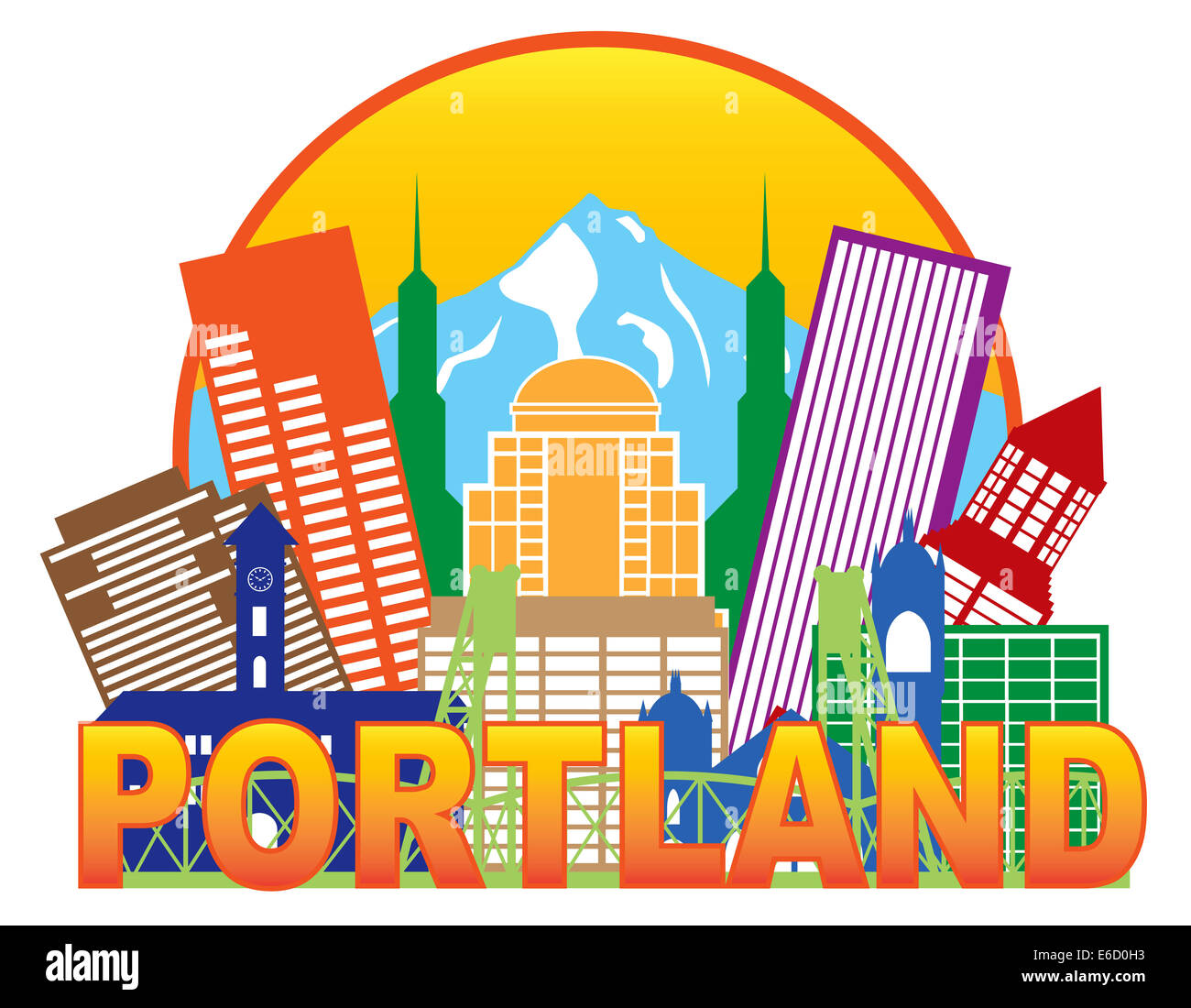 Portland Oregon Contours Silhouette aux toits de la ville Downtown Cercle Couleur texte isolé sur fond blanc Illustration Banque D'Images