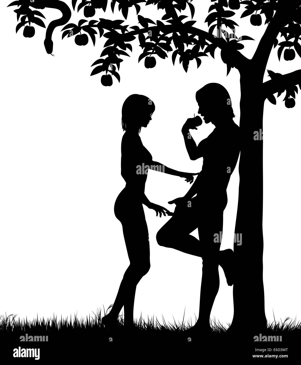 Silhouettes vecteur modifiable d'Adam et Eve et un pommier avec tous les chiffres en tant qu'objets séparés Illustration de Vecteur