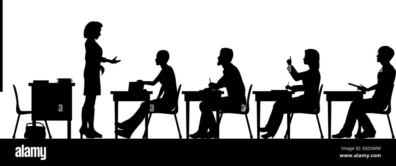 Silhouettes vecteur modifiable d'étudiants adultes et un professeur dans une salle de classe avec tous les éléments en tant qu'objets séparés Illustration de Vecteur