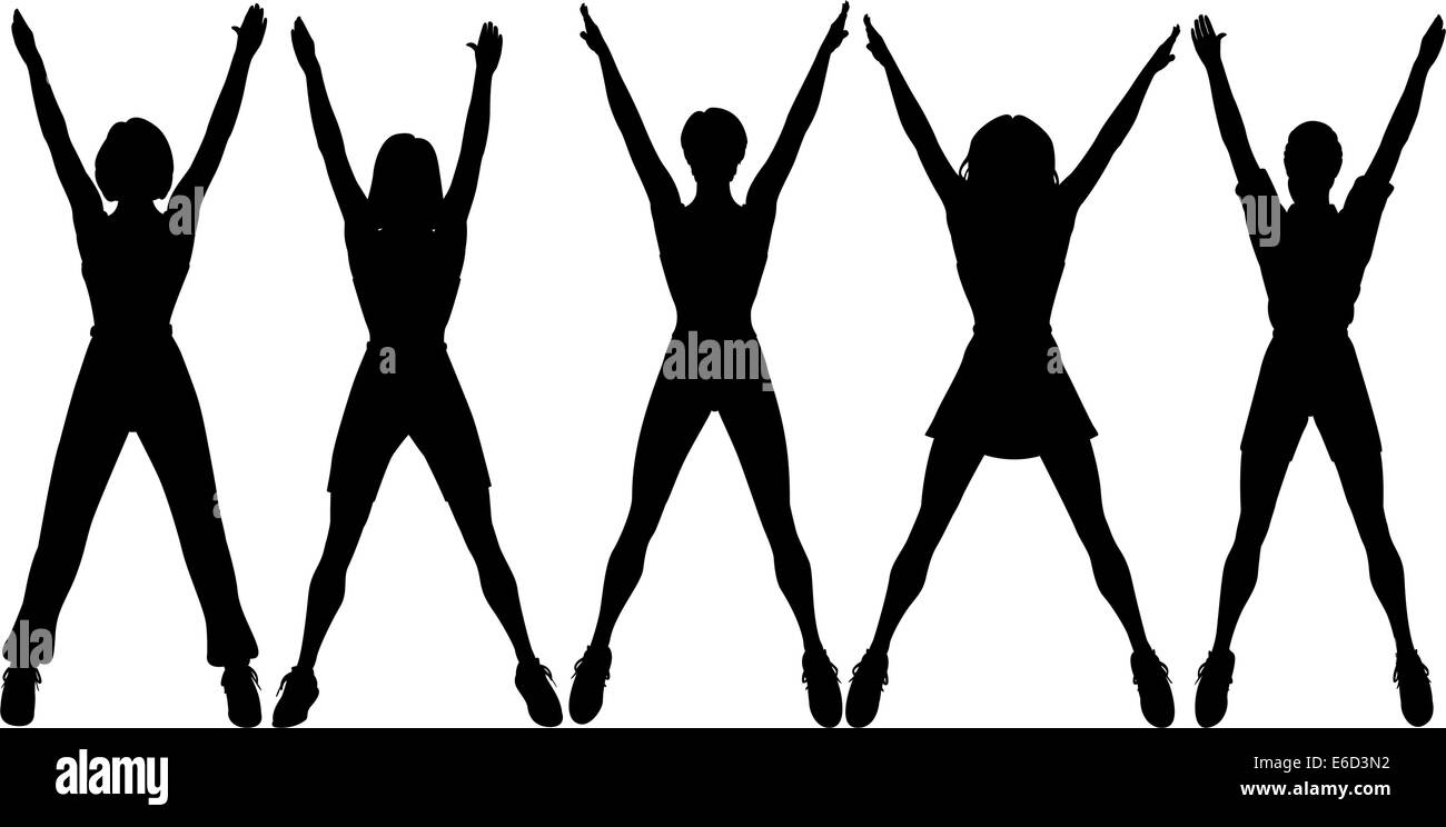 Silhouettes vecteur modifiable de cinq femmes faisant l'exercice aérobie ensemble Illustration de Vecteur