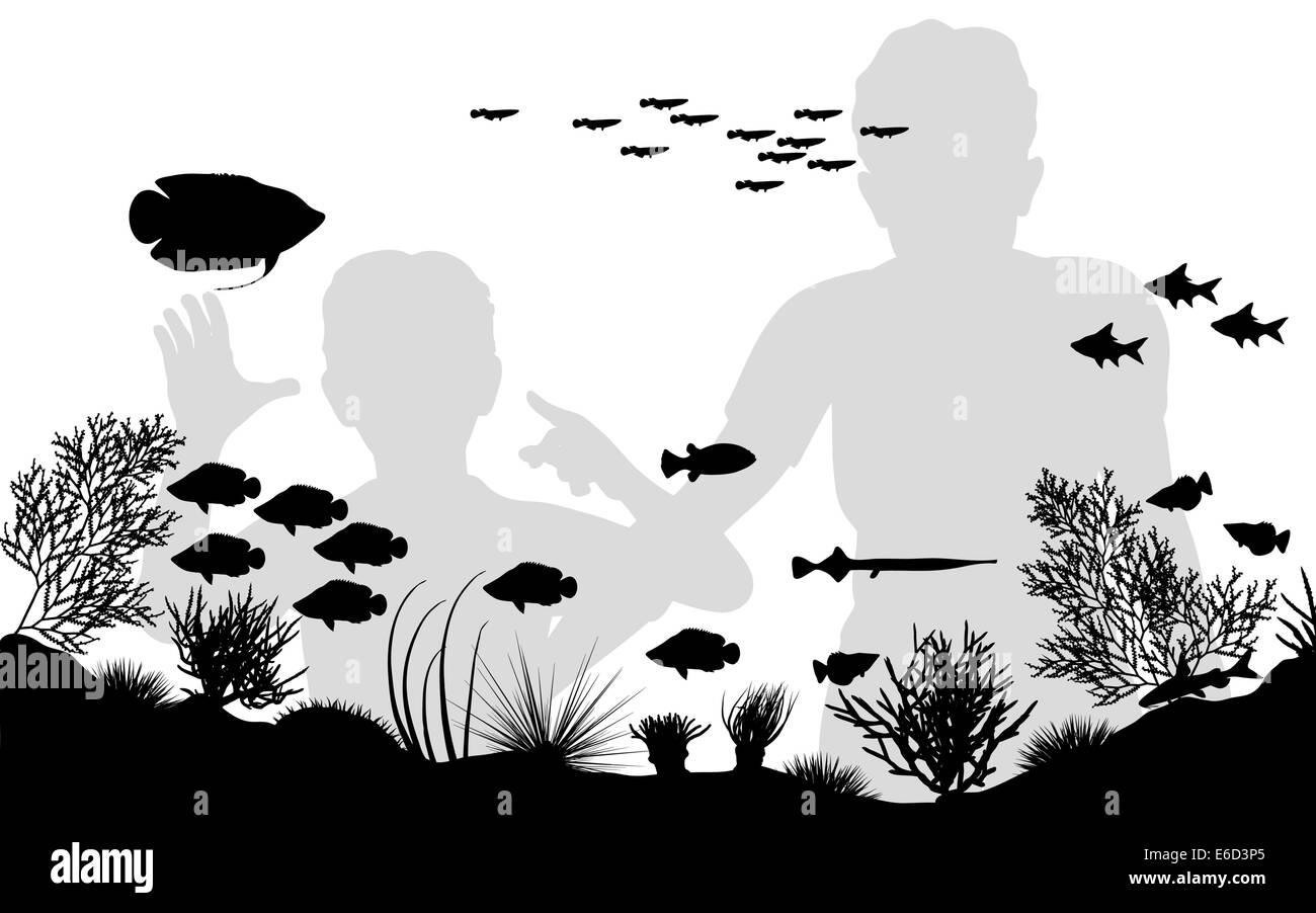 Illustration vectorielle modifiable de la mère et le fils en regardant des poissons dans un aquarium Illustration de Vecteur