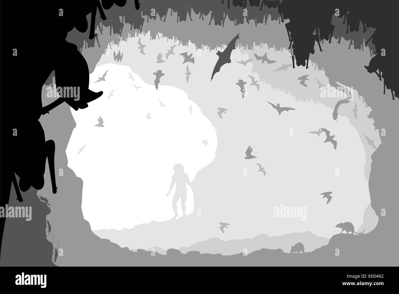 Illustration vectorielle modifiable d'un homme à l'embouchure d'une grotte de chauves-souris avec tous les chiffres en tant qu'objets séparés Illustration de Vecteur
