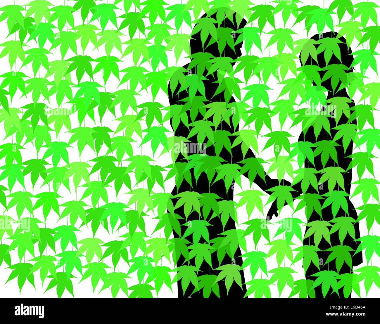 Illustration vectorielle modifiable d'un couple derrière un rideau de feuilles d'érable Illustration de Vecteur