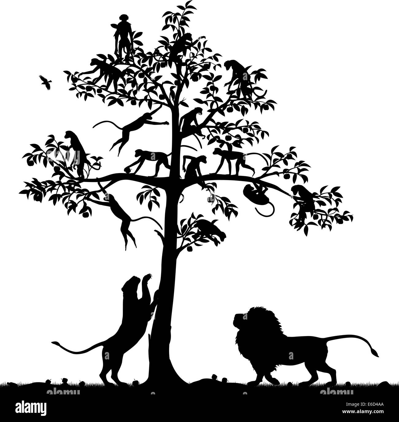 Silhouette vecteur modifiable de singes dans un arbre et d'une paire de lions ci-dessous avec tous les chiffres en tant qu'objets séparés Illustration de Vecteur