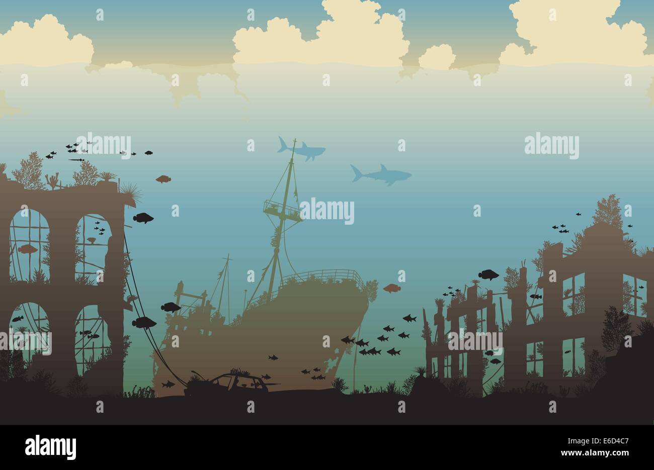 Illustration vectorielle modifiable de la vie marine sur un naufrage et ruines de la ville sous-marine Illustration de Vecteur