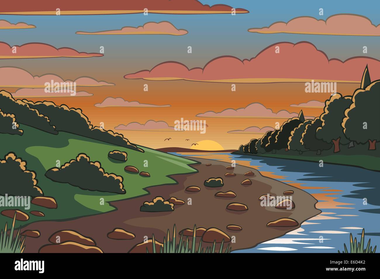 Illustration vectorielle modifiable de la vallée d'une rivière au coucher du soleil Illustration de Vecteur