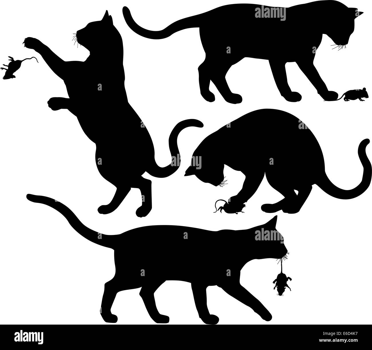 Quatre silhouettes vecteur modifiable d'un chat jouant avec une souris Illustration de Vecteur