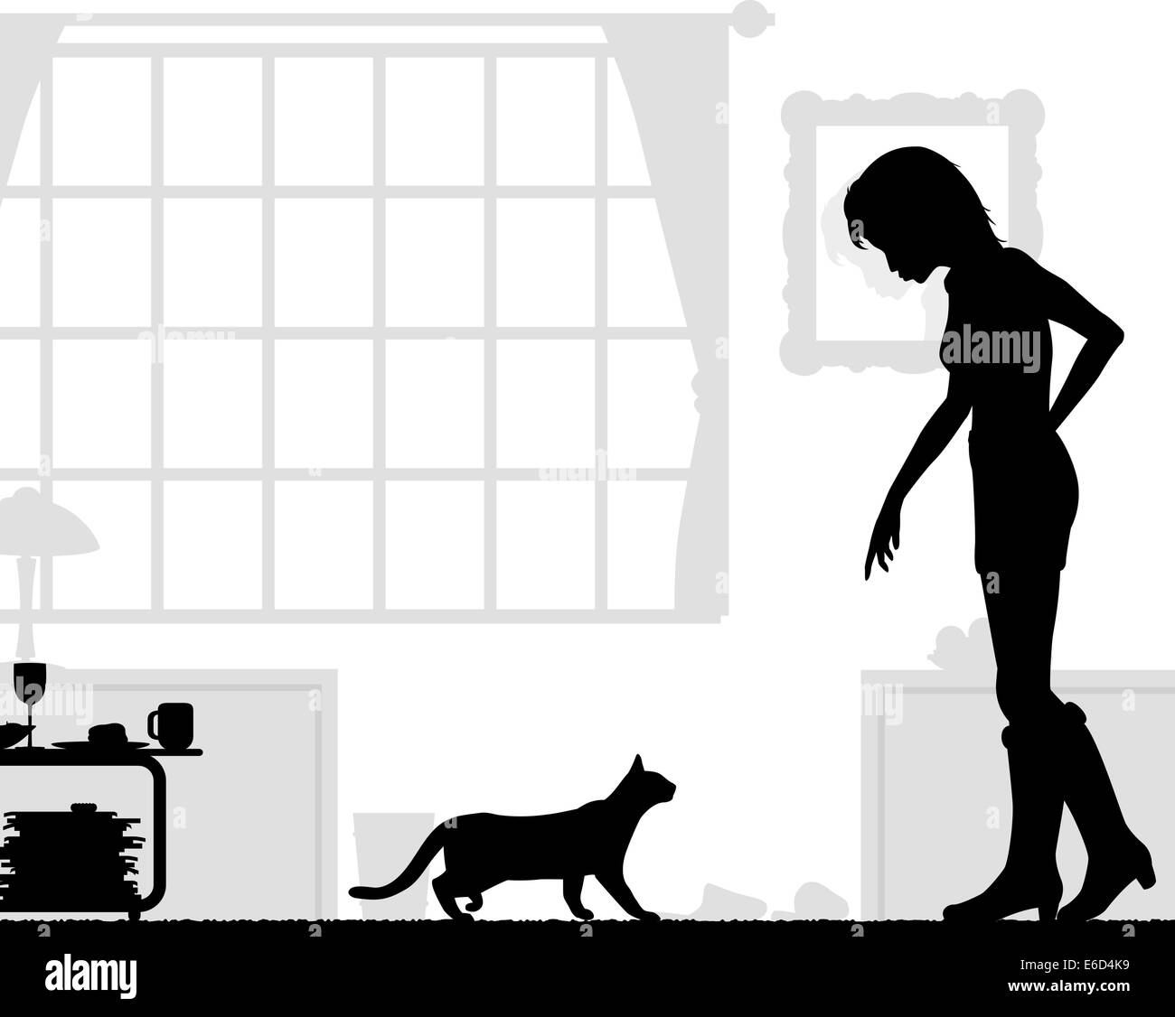 Silhouettes vecteur modifiable d'une femme et d'un chat à la maison Illustration de Vecteur