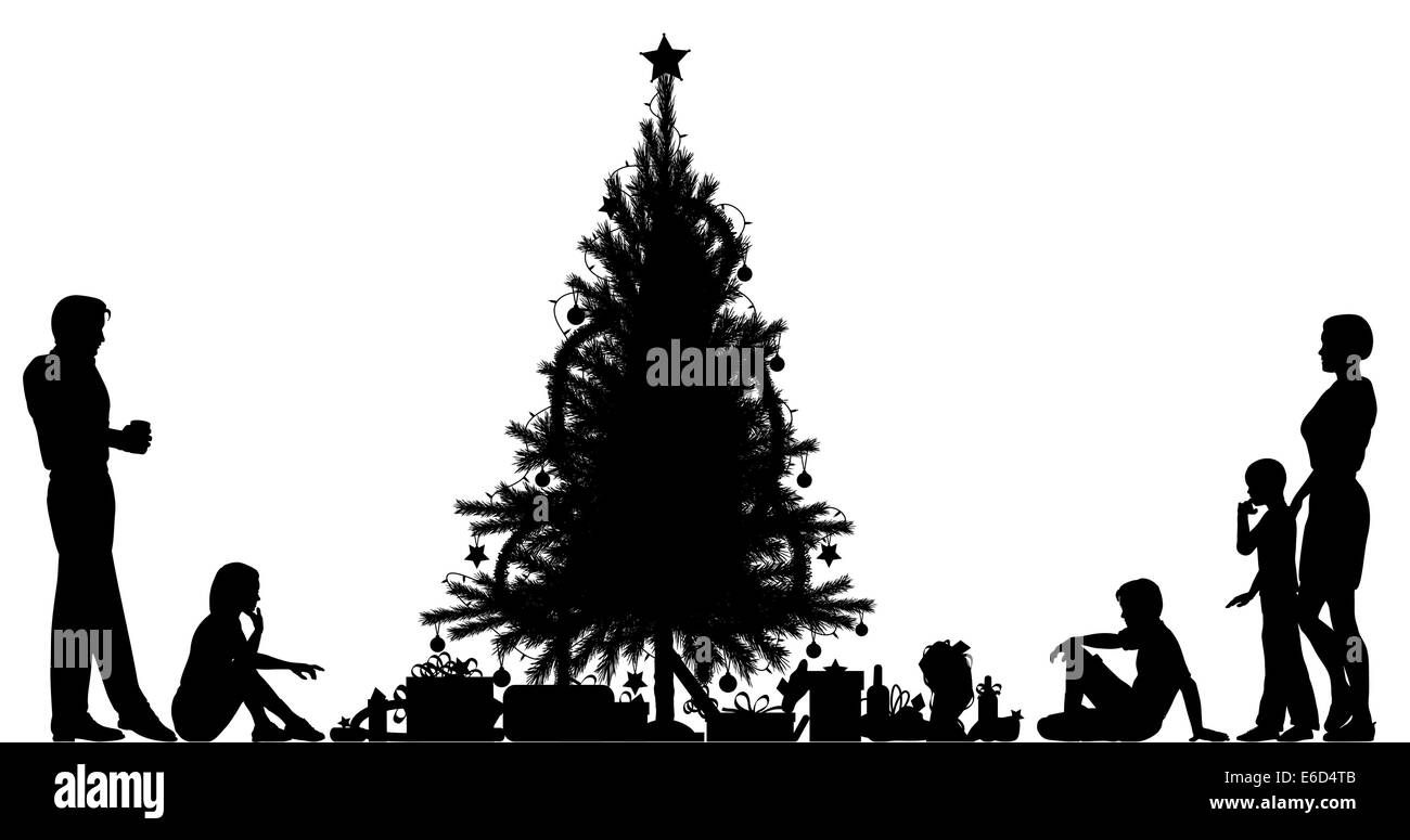 Silhouette vecteur modifiable d'une famille autour d'un arbre de Noël avec tous les éléments en tant qu'objets séparés Illustration de Vecteur