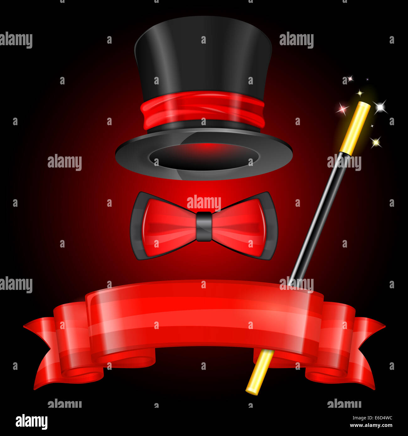 Magician Hat avec le Magicien Wand, Noeud Papillon et ruban, icône Banque D'Images