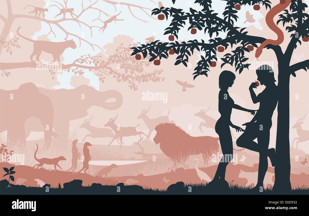 Silhouettes vecteur modifiable d'Adam et Eve dans le jardin d'Eden avec tous les chiffres en tant qu'objets séparés Illustration de Vecteur