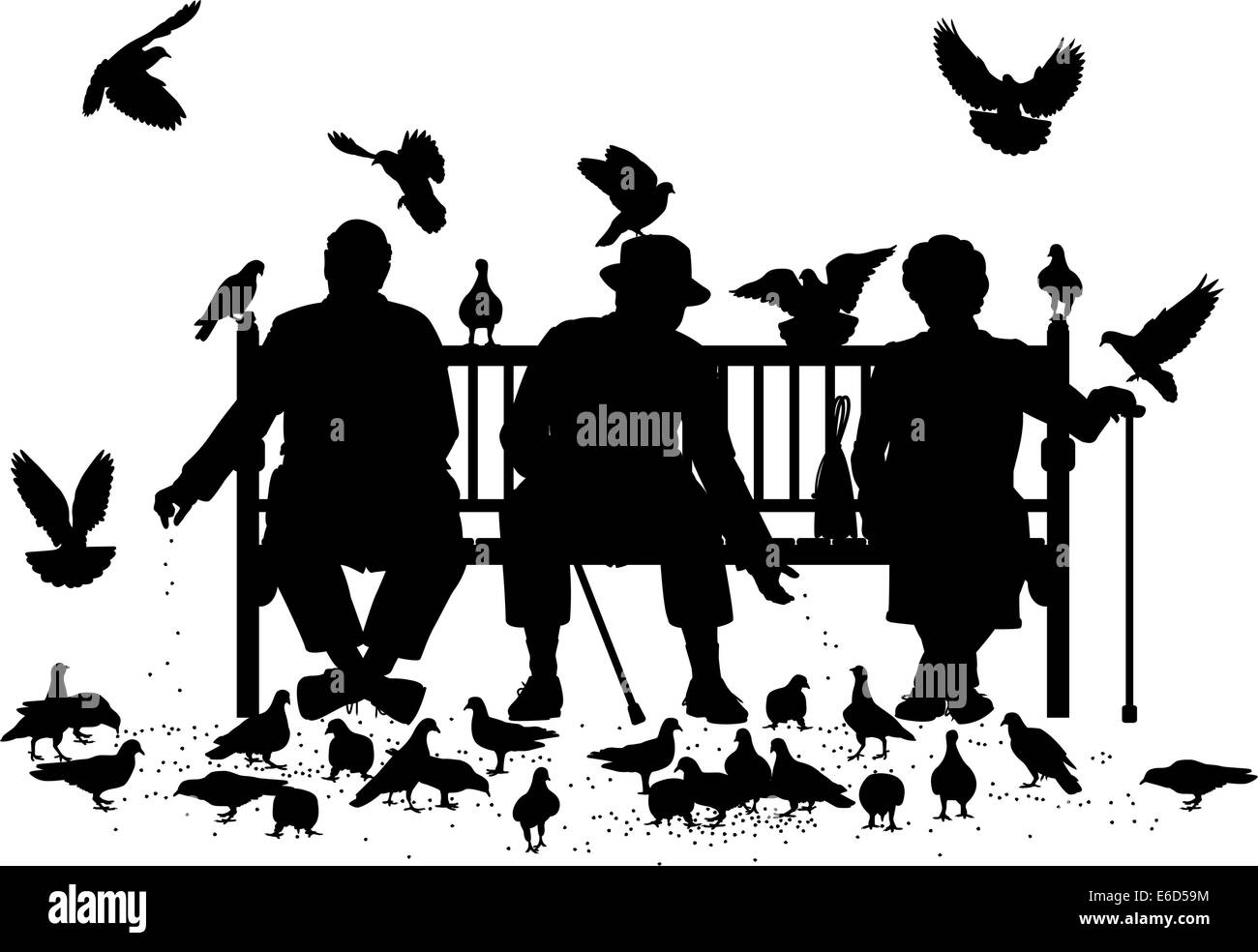 Silhouettes vecteur modifiable de trois personnes âgées sur un banc de parc nourrir les pigeons avec tous les éléments en tant qu'objets séparés Illustration de Vecteur