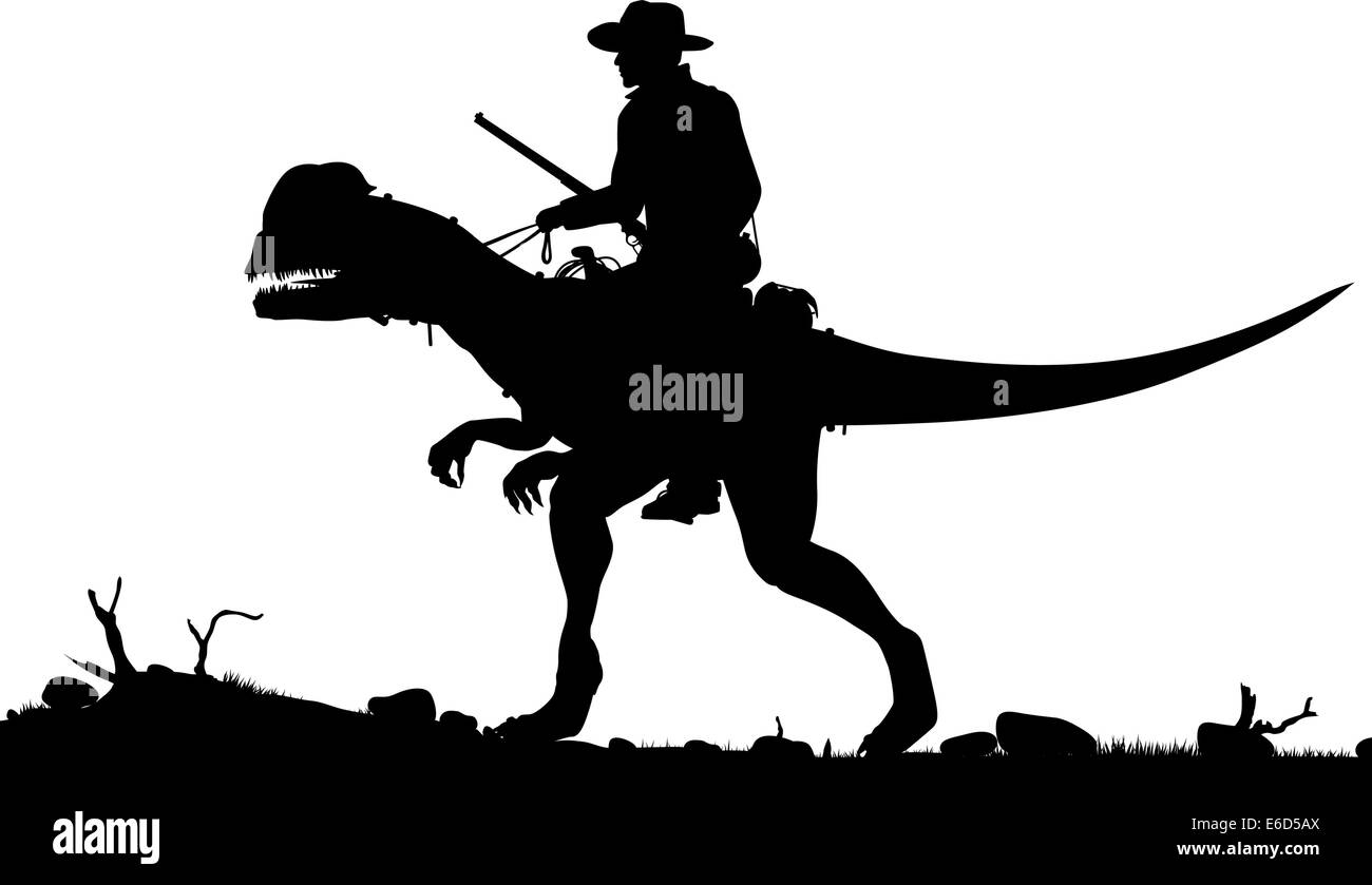 Silhouette vecteur modifiable d'un cow-boy à cheval un Dilophosaurus dinosaure en tant qu'objets séparés Illustration de Vecteur