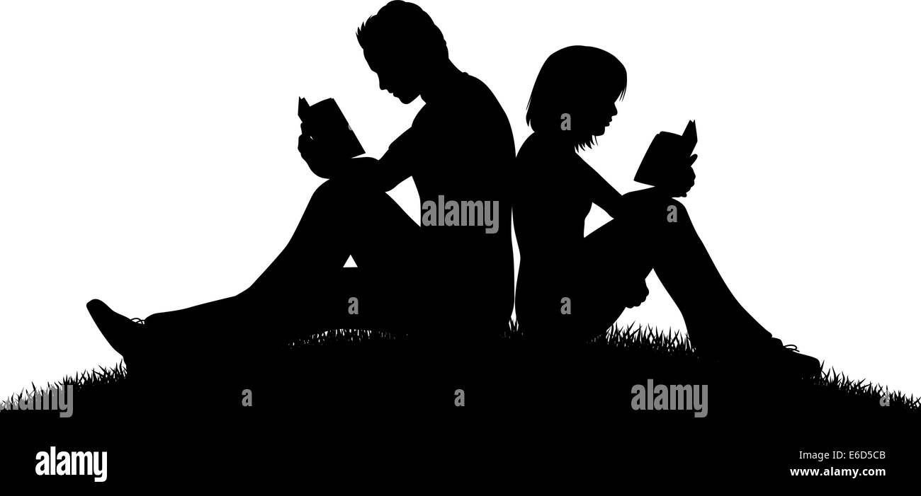 Silhouette vecteur modifiable d'un couple assis à la lecture avec les chiffres comme objets séparés Illustration de Vecteur