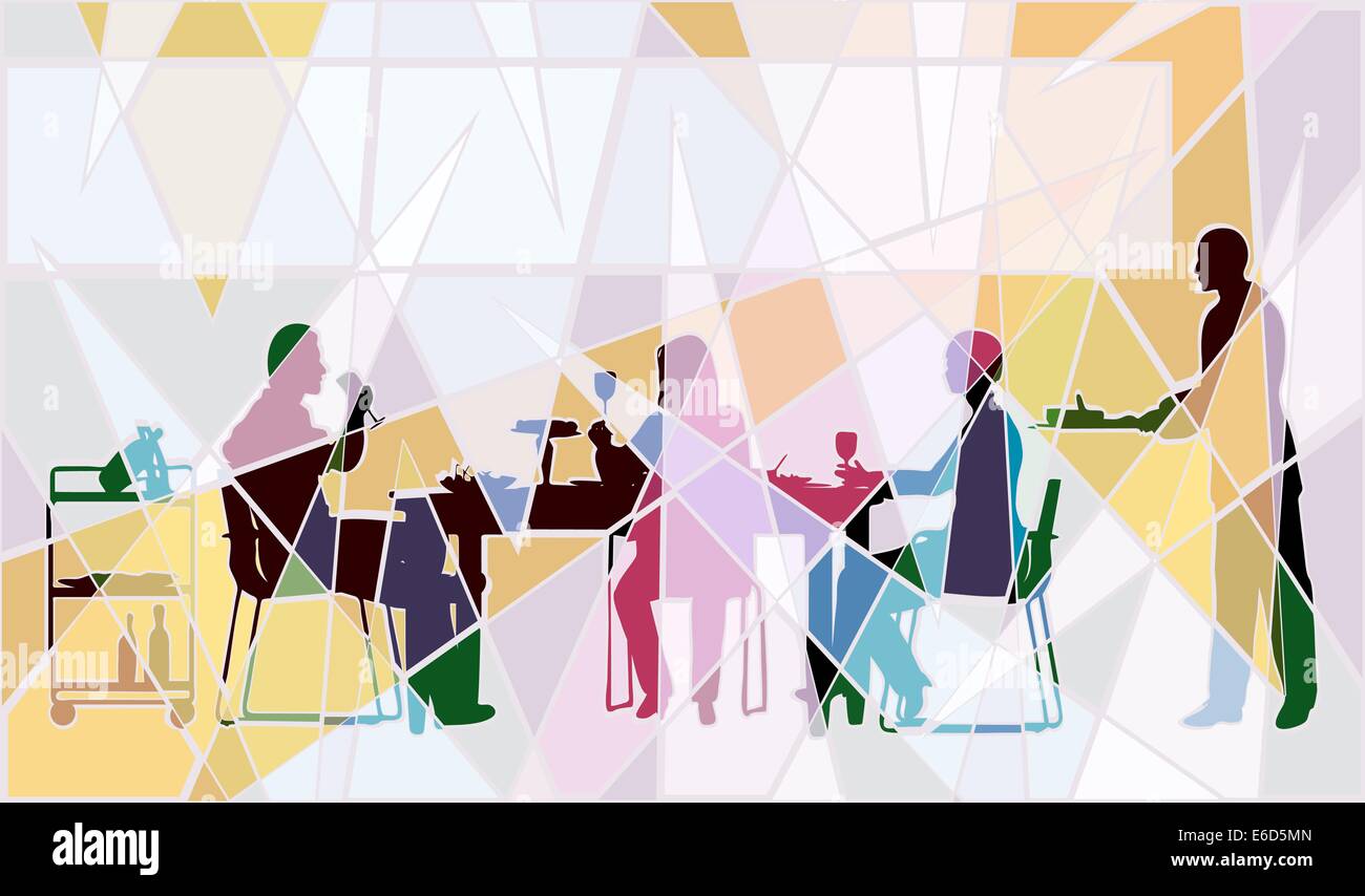Conception de mosaïque coloré vecteur modifiable de personnes mangeant dans un restaurant Illustration de Vecteur