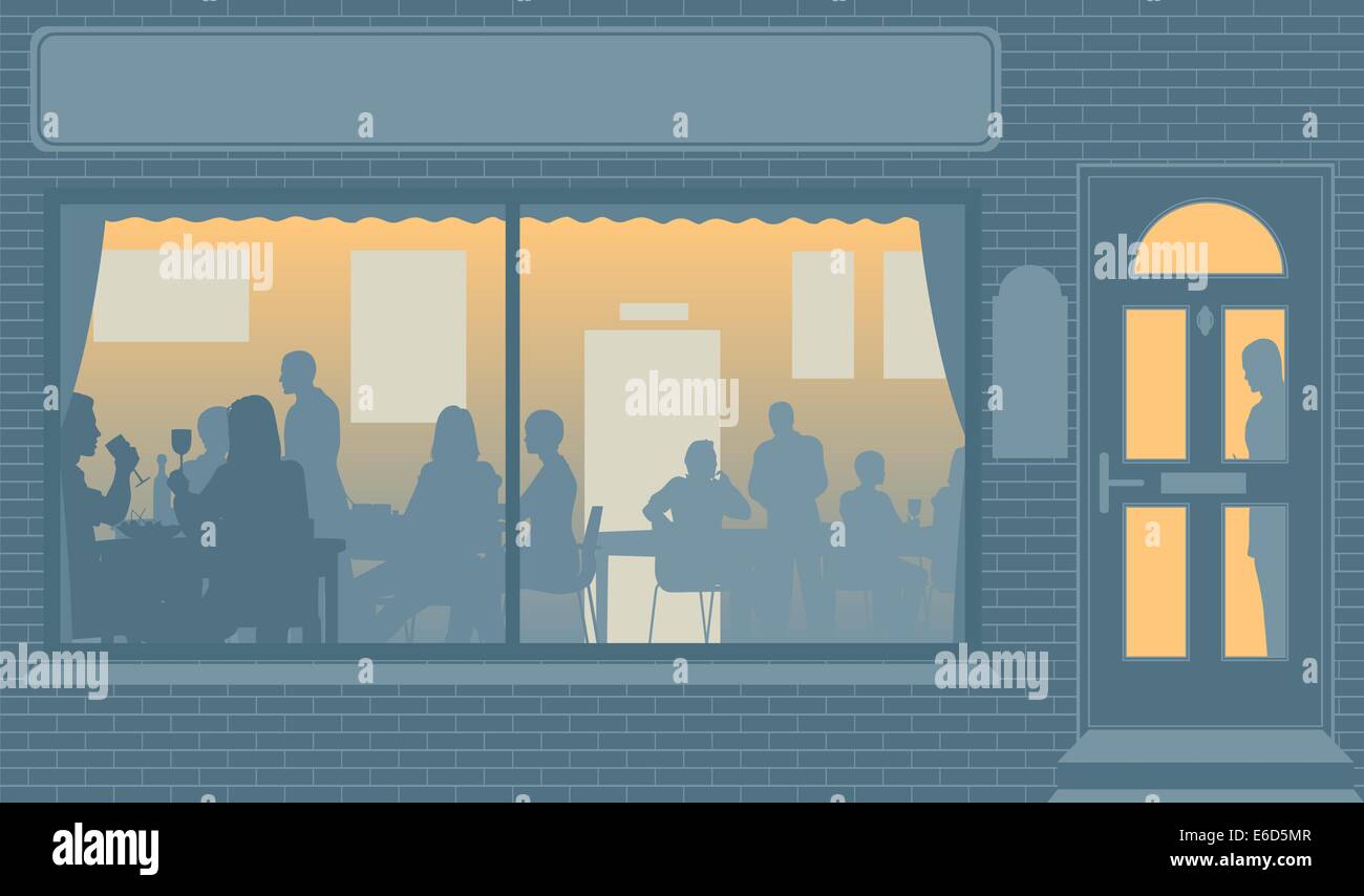 Illustration vectorielle modifiable de personnes mangeant à travers la fenêtre d'un restaurant Illustration de Vecteur