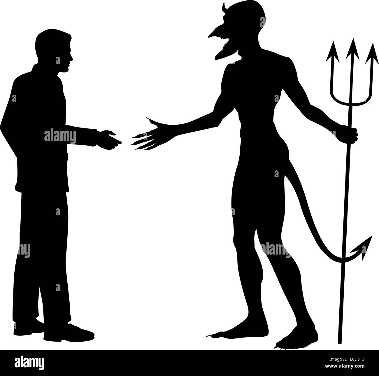 Editable vector silhouette d'un homme hésitant à se serrer la main pour faire un pacte avec le diable Illustration de Vecteur