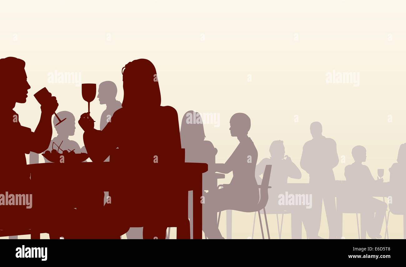Silhouette vecteur modifiable de personnes mangeant dans un restaurant Illustration de Vecteur