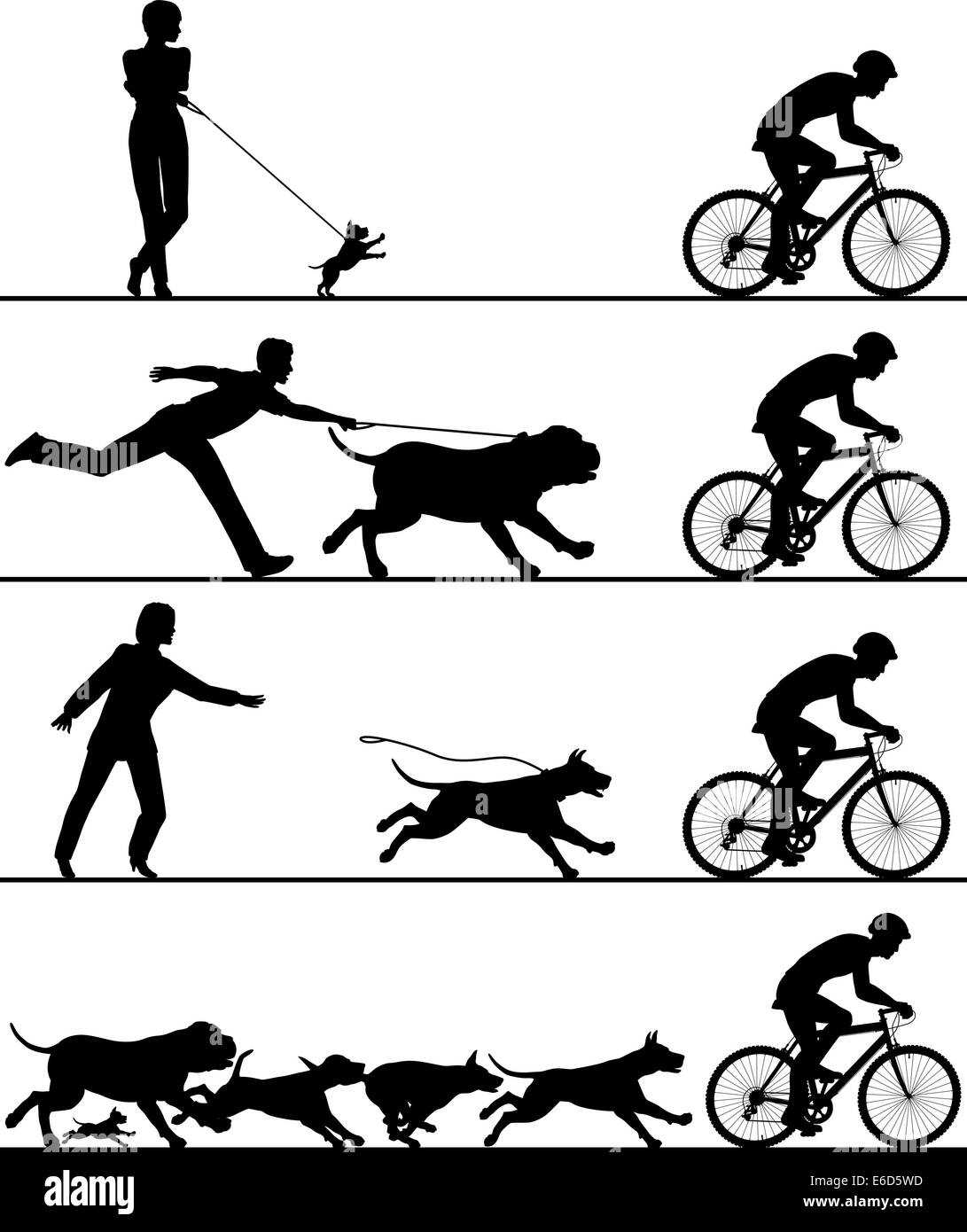 Quatre silhouettes vecteur modifiable de chiens réagissant à un cycliste de passage avec tous les éléments en tant qu'objets séparés Illustration de Vecteur