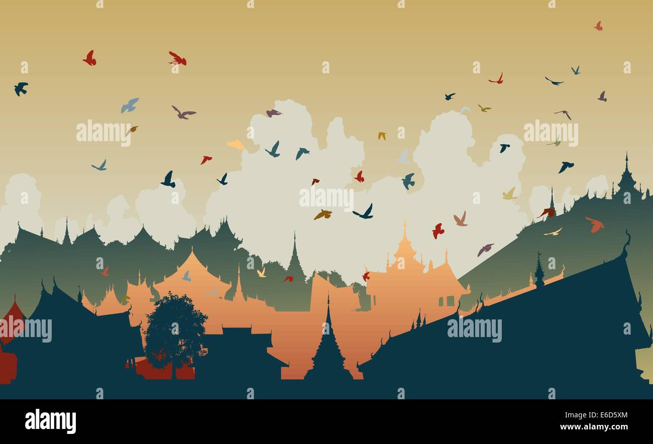 Illustration vectorielle modifiable coloré d'oiseaux sur une ville d'Asie de l'générique Illustration de Vecteur