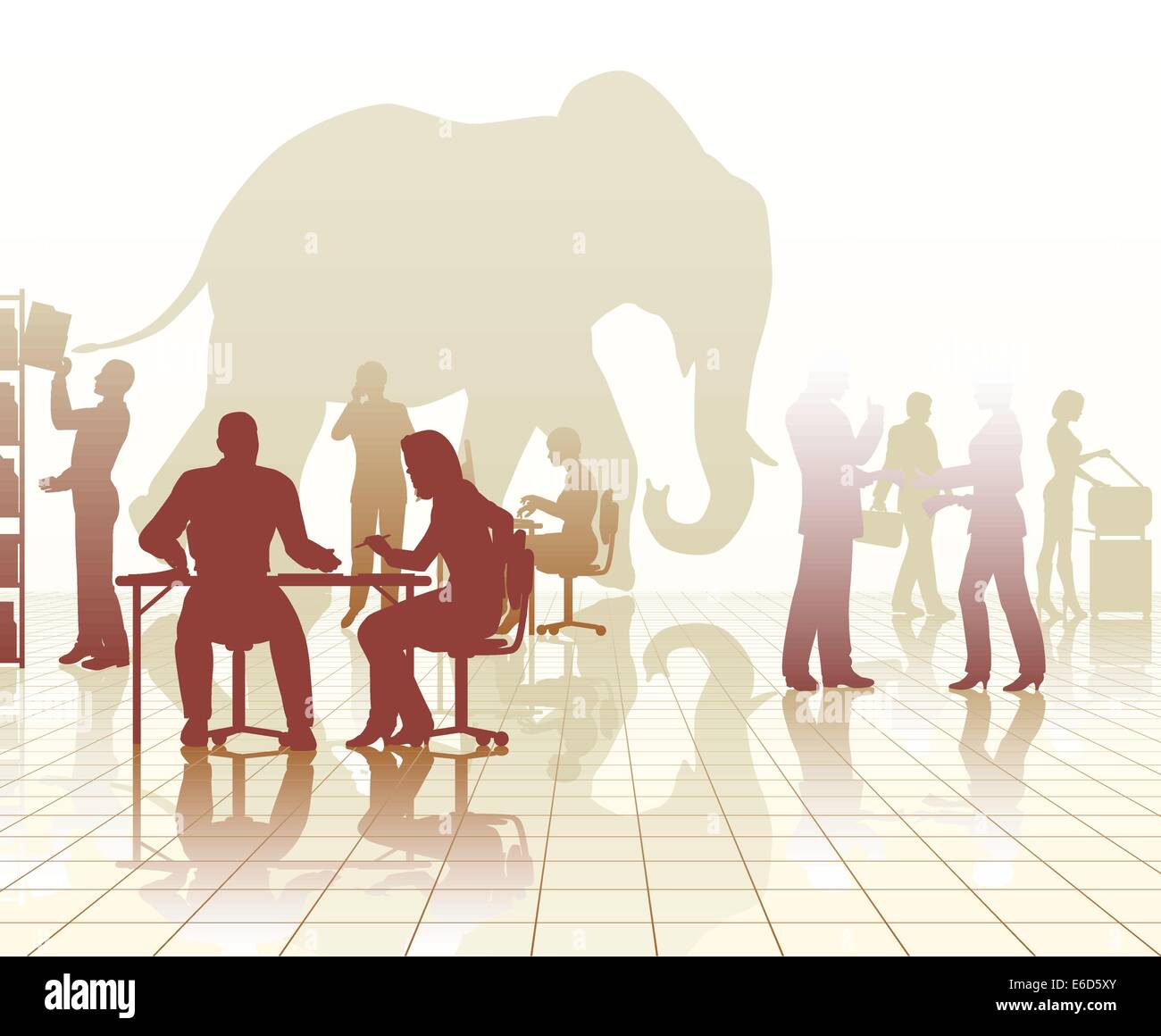 Silhouettes vecteur modifiable d'un éléphant dans un bureau occupé par des réflexions de personnes Illustration de Vecteur