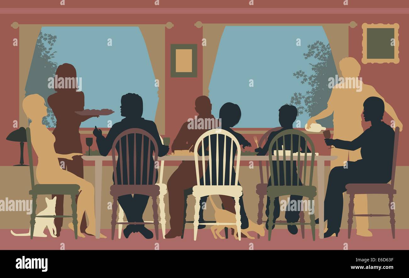 Vector silhouettes colorées modifiable d'un ensemble de salle à manger de la famille à la maison ou dans un restaurant. Illustration de Vecteur