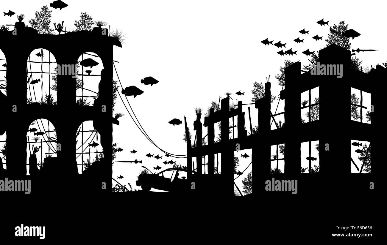 Silhouette d'avant-plan vectoriel éditable les poissons et les coraux autour des ruines de la ville sous-marine Illustration de Vecteur