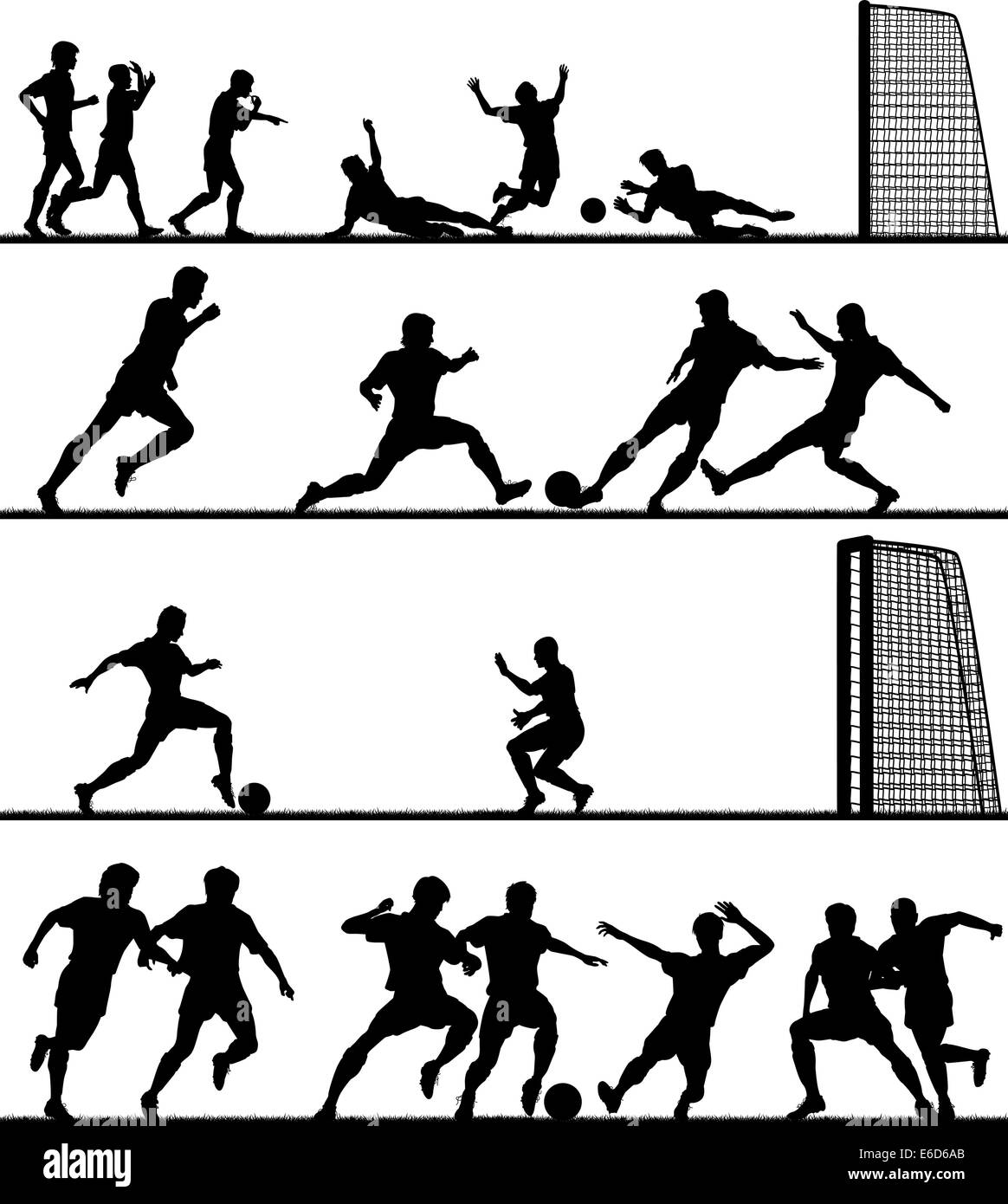 Ensemble de premier plan vectoriel éditable silhouettes d'hommes jouer au football avec tous les chiffres en tant qu'objets séparés Illustration de Vecteur
