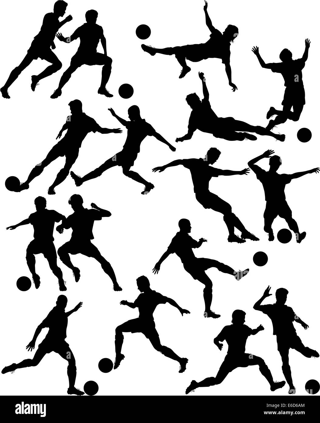 Ensemble de vecteurs modifiables silhouettes d'hommes jouer au football avec tous les chiffres en tant qu'objets séparés Illustration de Vecteur