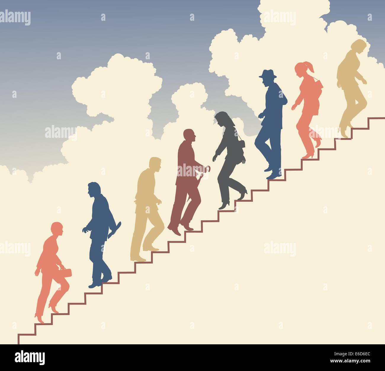 Silhouette vecteur modifiable colorés de personnes dans les escaliers contre le ciel Illustration de Vecteur