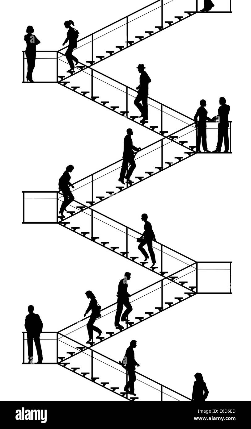 Silhouettes vecteur modifiable de personnes à monter et descendre les escaliers avec tous les éléments en tant qu'objets séparés Illustration de Vecteur