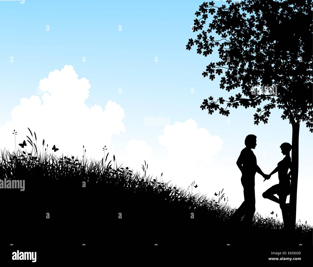 Vecteur modifiable silhouette d'un jeune couple dans un champ avec des gens, l'arbre et l'herbe comme éléments séparés Illustration de Vecteur