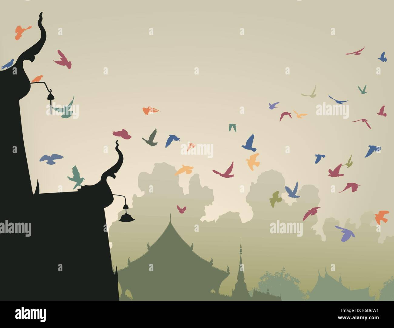 Vector illustration of colorful pigeons battant pavillon d'un temple bouddhiste Illustration de Vecteur