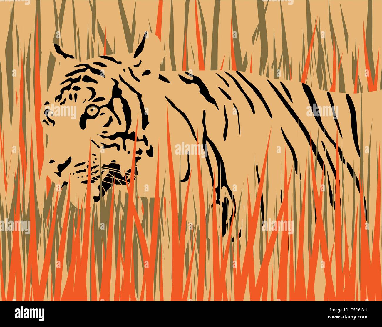 Vector illustration d'un tigre dans l'herbe sèche avec Tiger et l'herbe comme éléments séparés Illustration de Vecteur