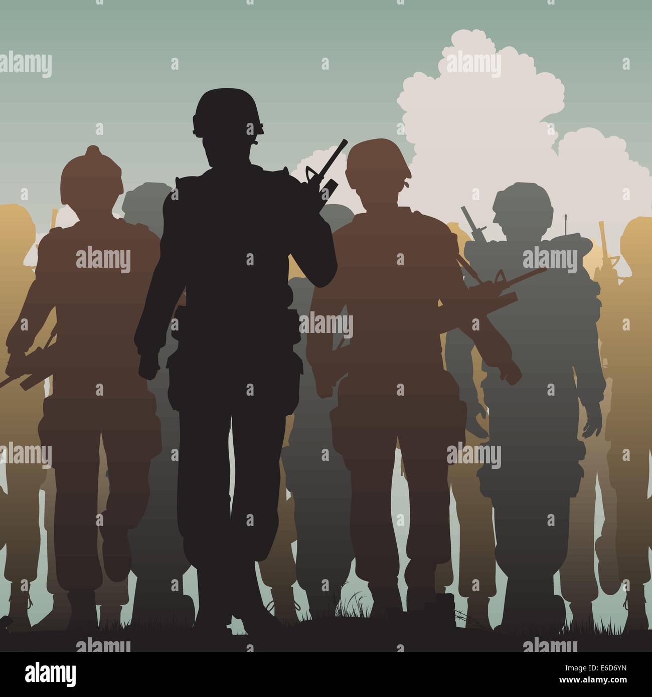 Silhouettes vecteur modifiable de soldats armés marcher ensemble Illustration de Vecteur